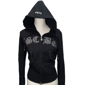 Vintage BCBG MAXAZRIA Womens Black Rhinestone Full Zip Hoodie Sweatshirt Y2K MED